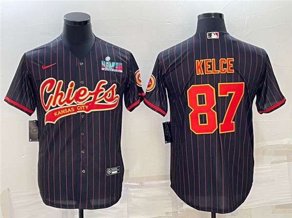 Kansas City Chiefs #87 Travis Kelce Black With Super Bowl LVII Patch Cool Base Stitched Baseball Jer
