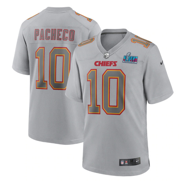 Kansas City Chiefs #10 Isiah Pacheco Gray Super Bowl LVII Patch Atmosphere Fashion Stitched Game Jer