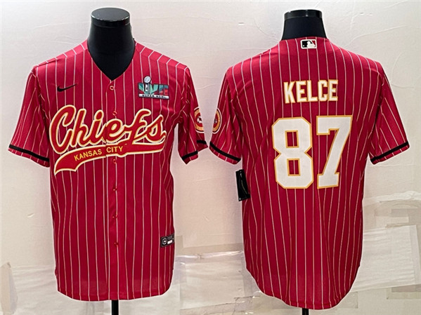 Kansas City Chiefs #87 Travis Kelce Red With Super Bowl LVII Patch Cool Base Stitched Baseball Jerse