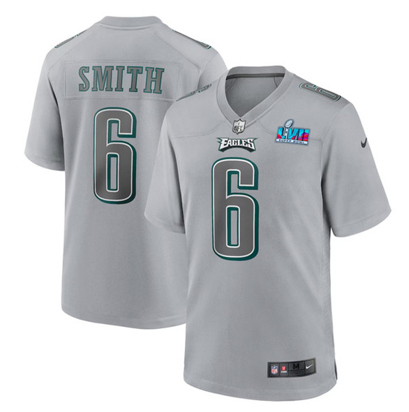 Philadelphia Eagles #6 DeVonta Smith Gray Super Bowl LVII Patch Atmosphere Fashion Stitched Game Jer