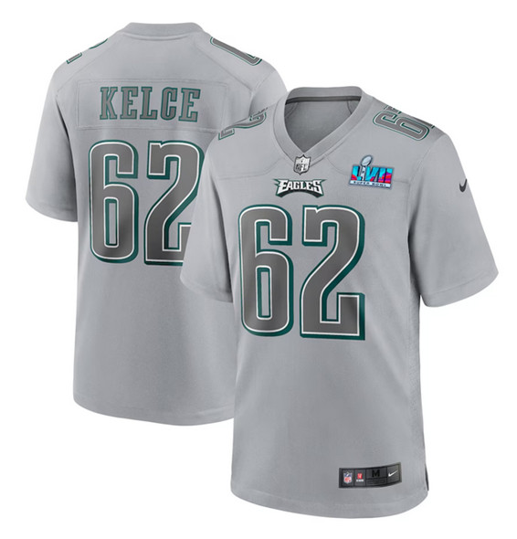 Philadelphia Eagles #62 Jason Kelce Gray Super Bowl LVII Patch Atmosphere Fashion Stitched Game Jers