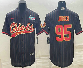 Kansas City Chiefs #95 Chris Jones Black Pinstripe With Super Bowl LVII Patch Cool Base Stitched Bas
