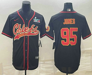 Kansas City Chiefs #95 Chris Jones Black With Super Bowl LVII Patch Cool Base Stitched Baseball Jers