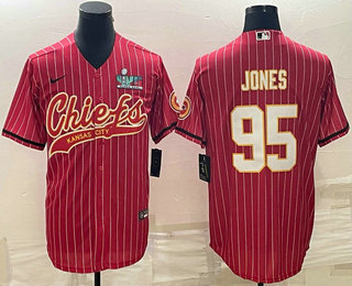 Kansas City Chiefs #95 Chris Jones Red Pinstripe With Super Bowl LVII Patch Cool Base Stitched Baseb