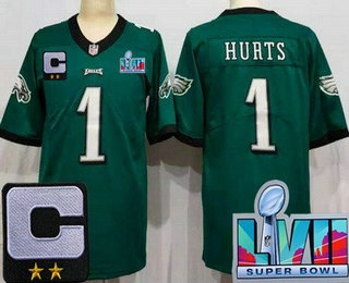 Philadelphia Eagles #1 Jalen Hurts Limited Green C Patch Super Bowl LVII Vapor Jersey