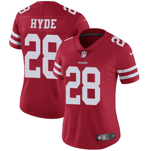 Nike 49ers #28 Carlos Hyde Red Team Color Women's Stitched NFL Vapor Untouchable Limited Jersey