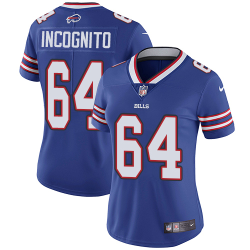 Nike Bills #64 Richie Incognito Royal Blue Team Color Women's Stitched NFL Vapor Untouchable Limited - Click Image to Close