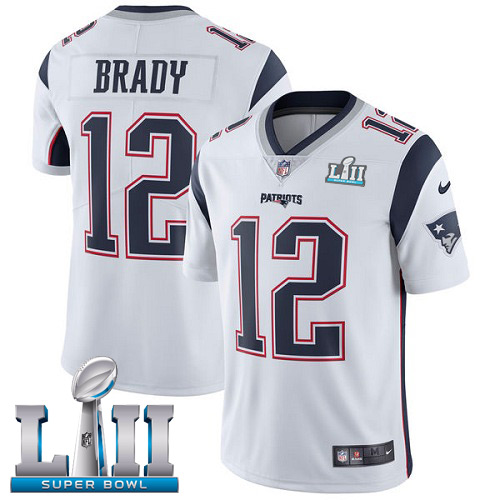 Nike Patriots #12 Tom Brady White Super Bowl LII Youth Stitched NFL Vapor Untouchable Limited Jersey - Click Image to Close