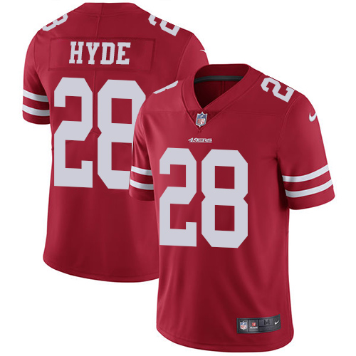 Nike 49ers #28 Carlos Hyde Red Team Color Men's Stitched NFL Vapor Untouchable Limited Jersey - Click Image to Close