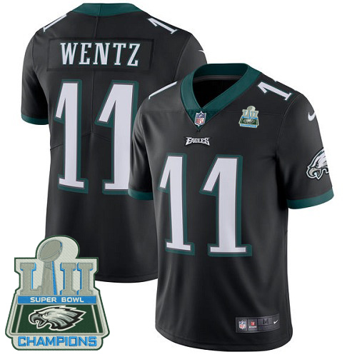 Nike Eagles #11 Carson Wentz Black Alternate Super Bowl LII Champions Men's Stitched NFL Vapor Untou