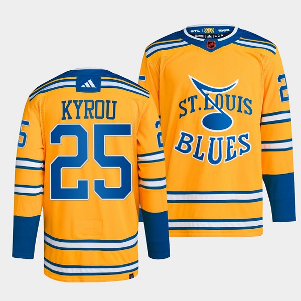 St. Louis Blues #25 Jordan Kyrou Yellow 2022-23 Reverse Retro Stitched Jersey - Click Image to Close