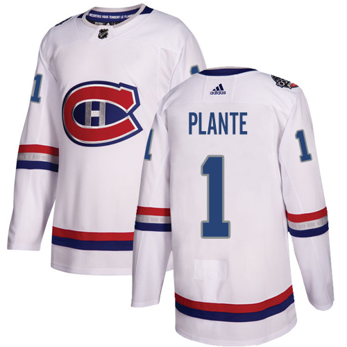 Adidas Canadiens #1 Jacques Plante White Authentic 2017 100 Classic Stitched NHL Jersey - Click Image to Close