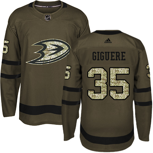 Adidas Ducks #35 Jean-Sebastien Giguere Green Salute to Service Stitched NHL Jersey - Click Image to Close