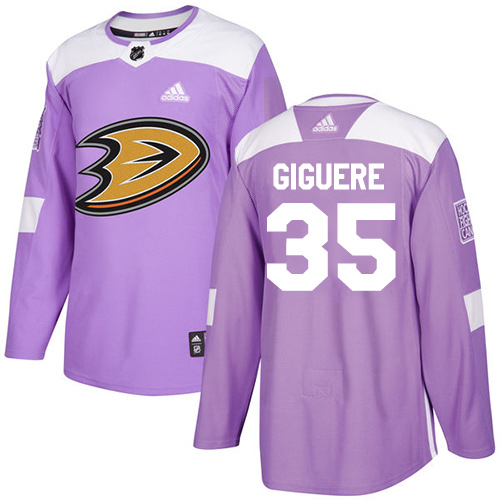 Adidas Ducks #35 Jean-Sebastien Giguere Purple Authentic Fights Cancer Stitched NHL Jersey - Click Image to Close