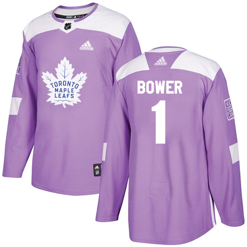 Adidas Maple Leafs #1 Johnny Bower Purple Authentic Fights Cancer Stitched NHL Jersey - Click Image to Close