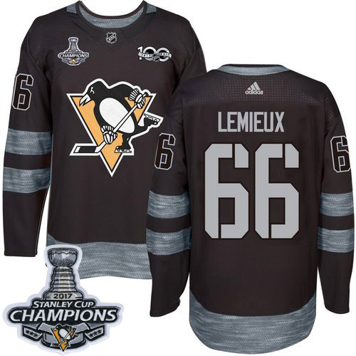 Adidas Penguins #66 Mario Lemieux Black 1917-2017 100th Anniversary Stanley Cup Finals Champions Sti