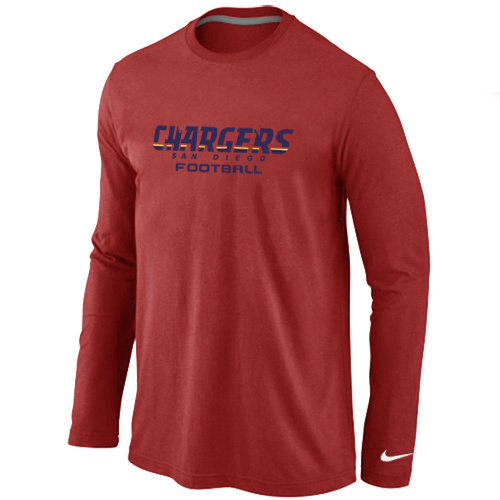 San Diego Chargers Authentic font Long Sleeve T-Shirt Red - Click Image to Close