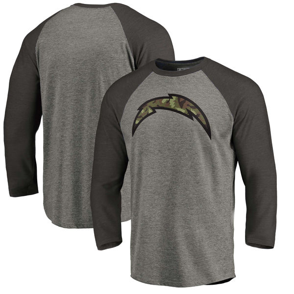 Los Angeles Chargers NFL Pro Line by Fanatics Branded Black Gray Tri Blend 34-Sleeve T-Shirt - Click Image to Close