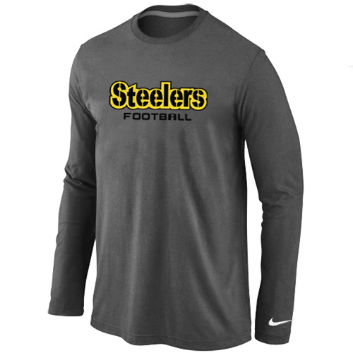 Pittsburgh Steelers Authentic font Long Sleeve T-Shirt D.Grey - Click Image to Close