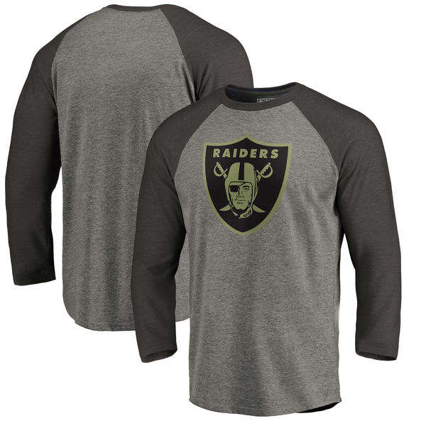 Oakland Raiders NFL Pro Line by Fanatics Branded Black Gray Tri Blend 34-Sleeve T-Shirt - Click Image to Close