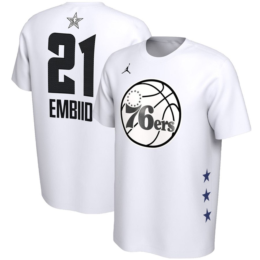 Philadelphia 76ers 21 Joel Embiid Jordan Brand 2019 NBA All-Star Game Name & Number Performance T-Sh