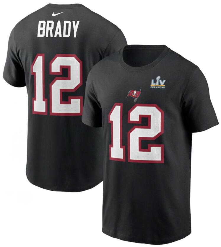 Tampa Bay Buccaneers Tom Brady Black Super Bowl LV Champions Name & Number T-Shirt