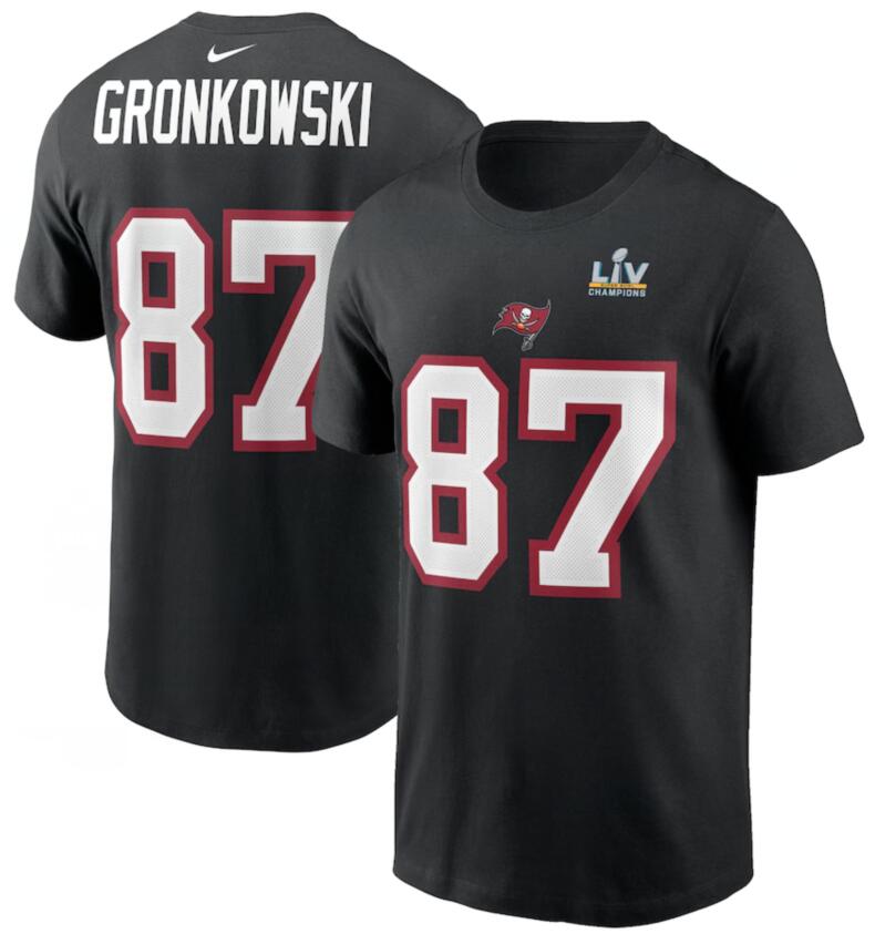 Tampa Bay Buccaneers Rob Gronkowski Black Super Bowl LV Champions Name & Number T-Shirt
