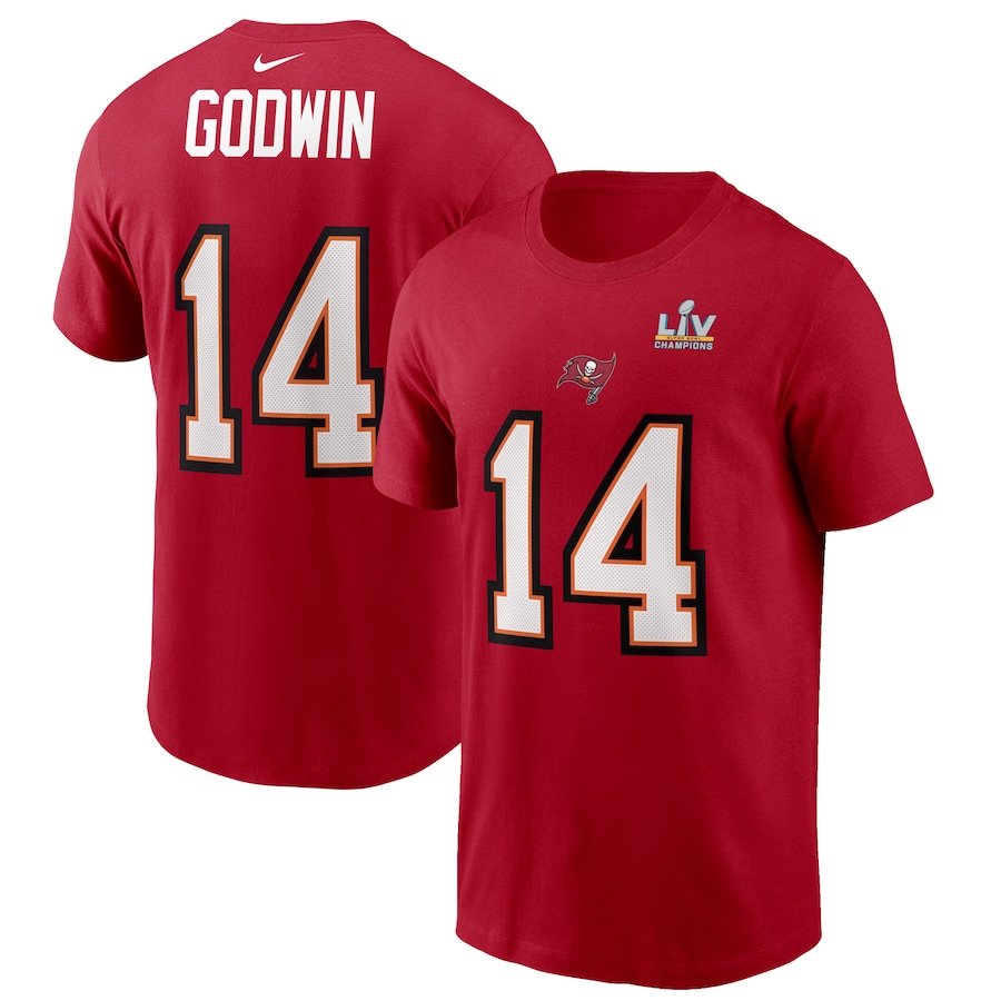 Tampa Bay Buccaneers Chris Godwin Red Super Bowl LV Champions Name & Number T-Shirt