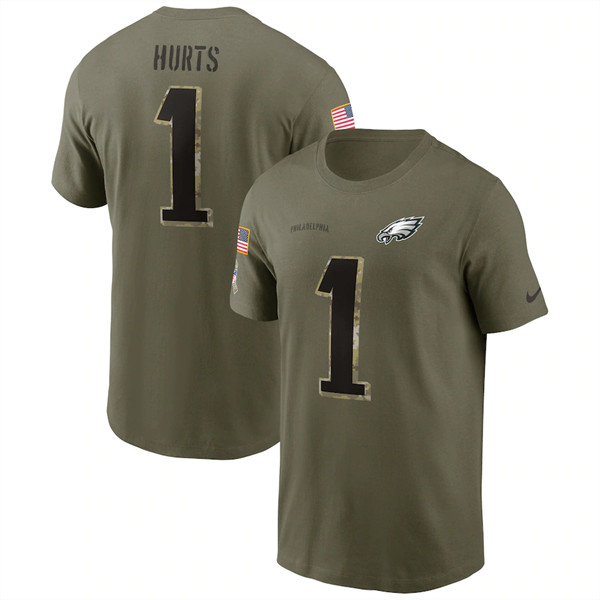 Philadelphia Eagles #1 Jalen Hurts 2022 Olive Salute to Service T-Shirt