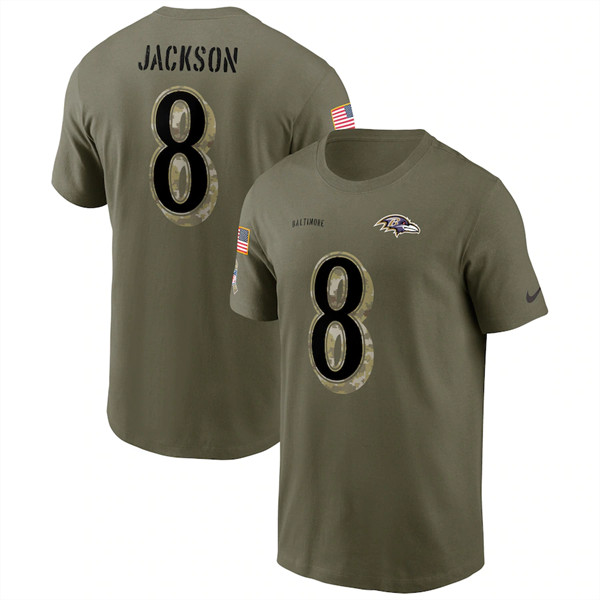 Baltimore Ravens #8 Lamar Jackson 2022 Olive Salute to Service T-Shirt