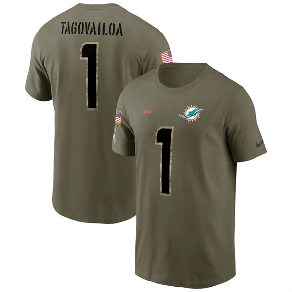 Miami Dolphins #1 Tua Tagovailoa 2022 Olive Salute to Service T-Shirt