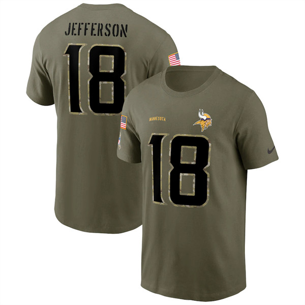 Minnesota Vikings #18 Justin Jefferson 2022 Olive Salute to Service T-Shirt