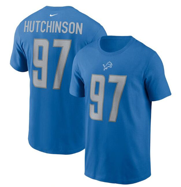 Detroit Lions #97 Aidan Hutchinson 2022 Blue Draft First Round Pick Player Name & Number T-Shirt