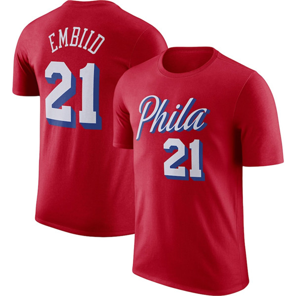 Philadelphia 76ers #21 Joel Embiid Red 2022-23 Statement Edition Name & Number T-Shirt