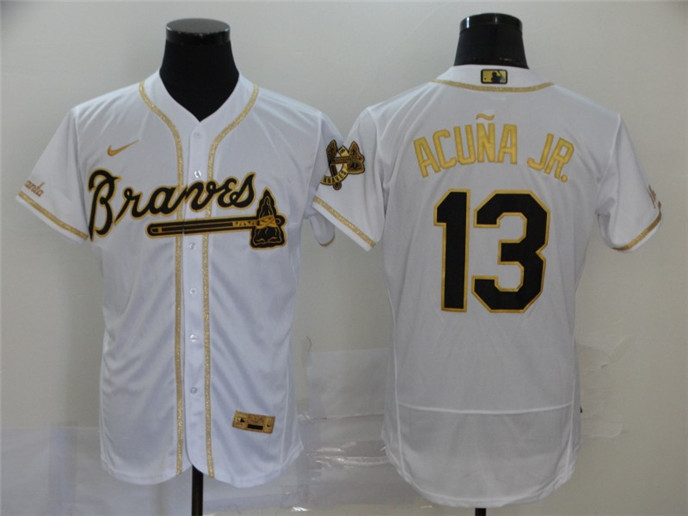 2020 Atlanta Braves #13 Ronald Acuna Jr. White With Gold Stitched MLB Flex Base Nike Jersey