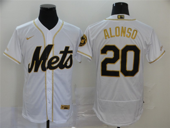 2020 New York Mets #20 Pete Alonso White With Gold Stitched MLB Flex Base Nike Jersey