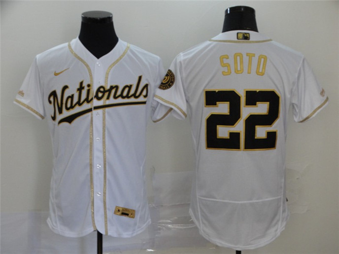 2020 Washington Nationals #22 Juan Soto White With Gold Stitched MLB Flex Base Nike Jersey