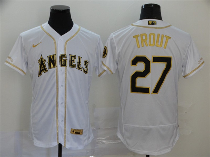 2020 Los Angeles Angels #27 Mike Trout White With Gold Stitched MLB Flex Base Nike Jersey