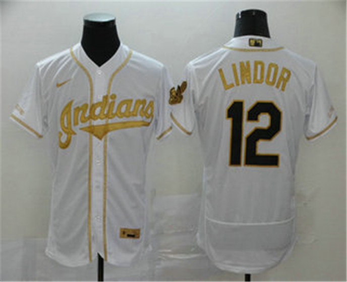 2020 Cleveland Indians #12 Francisco Lindor White With Gold Stitched MLB Flex Base Nike Jersey
