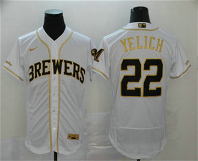2020 Milwaukee Brewers #22 Christian Yelich White With Gold Stitched MLB Flex Base Nike Jersey
