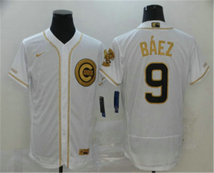 2020 Chicago Cubs #9 Javier Baez White Golden Stitched MLB Flex Base Nike Jersey