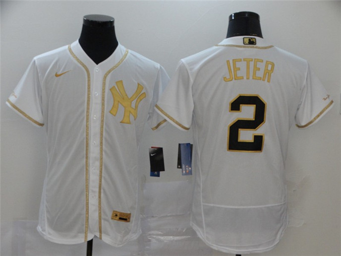 2020 New York Yankees #2 Derek Jeter White Golden Stitched MLB Flex Base Nike Jersey