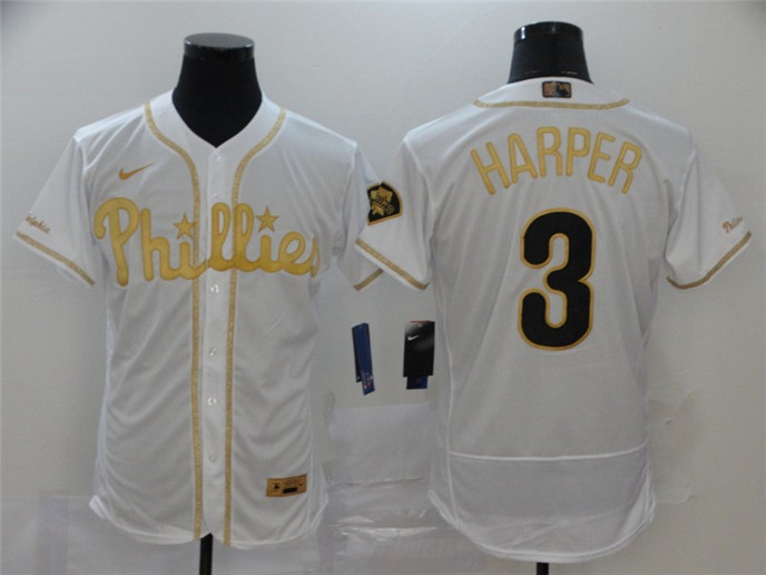 2020 Philadelphia Phillies #3 Bryce Harper White Golden Stitched MLB Flex Base Nike Jersey