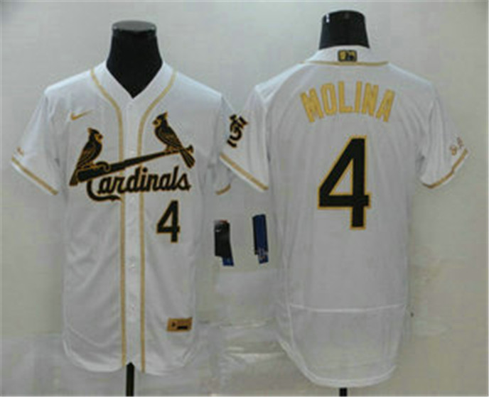 2020 St. Louis Cardinals #4 Yadier Molina White With Gold Stitched MLB Flex Base Nike Jersey