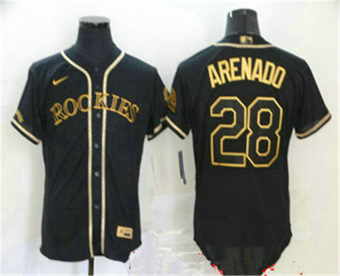 2020 Colorado Rockies #28 Nolan Arenado Black With Gold Stitched MLB Flex Base Nike Jersey