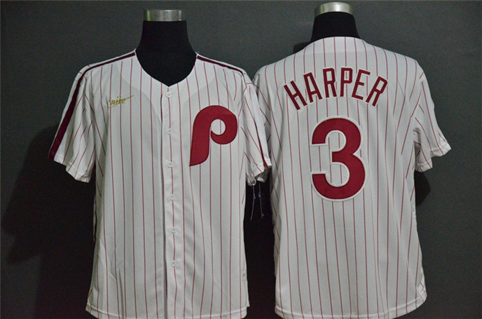 2020 Philadelphia Phillies #3 Bryce Harper White Pinstripe Cool Base Cooperstown Collection Nike Jer