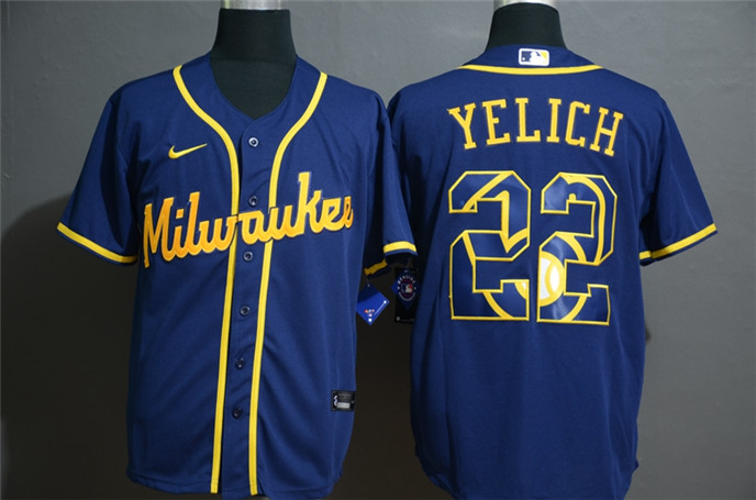 2020 Milwaukee Brewers #22 Christian Yelich Blue White Team Logo Stitched MLB Cool Base Nike Jersey