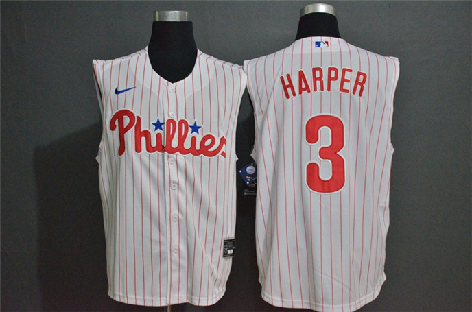 2020 Philadelphia Phillies #3 Bryce Harper White Pinstripe Cool and Refreshing Sleeveless Fan Stitch