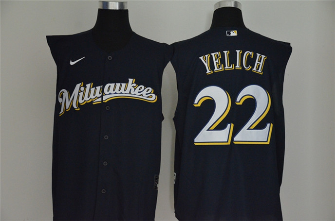 2020 Milwaukee Brewers #22 Christian Yelich Navy Blue Cool and Refreshing Sleeveless Fan Stitched ML