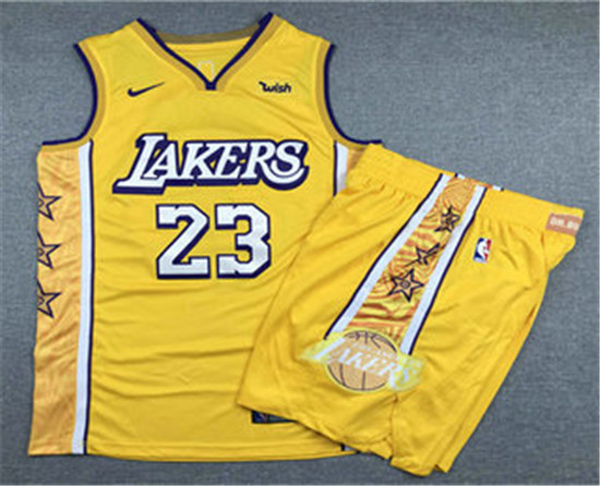 2020 Men's Los Angeles Lakers #23 LeBron James Yellow Nike City Edition Swingman Jersey With Shorts